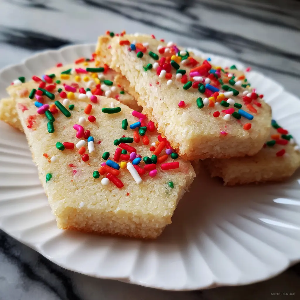 Close-up of vibrant sprinkle-decorated christmas shortbread cookie recipe cookies on a white scalloped plate, set against a blurred marble background.