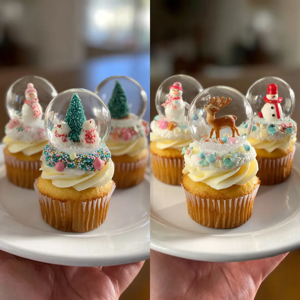Side-by-side view of festive Christmas snow globe cupcakes with snowman, reindeer, and Christmas tree toppers, perfect for a holiday recipe.