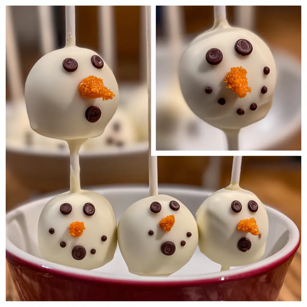 Triptych image featuring delightful Christmas snowman cake pops, highlighting details and a display in a bowl, inspiring a christmas snowman cake pops recipe.