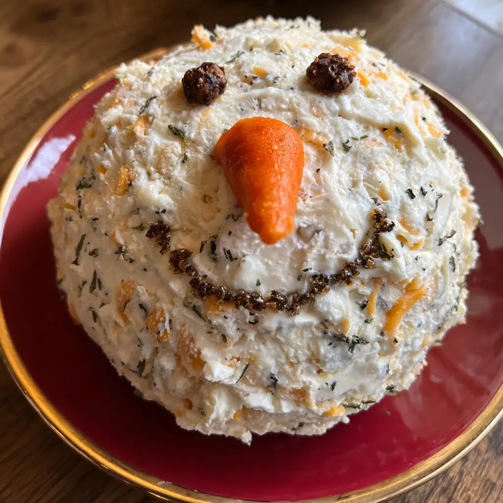 Festive christmas snowman cheese ball recipe, beautifully crafted with cheese, herbs, carrot nose, and olive eyes on a red and gold plate.
