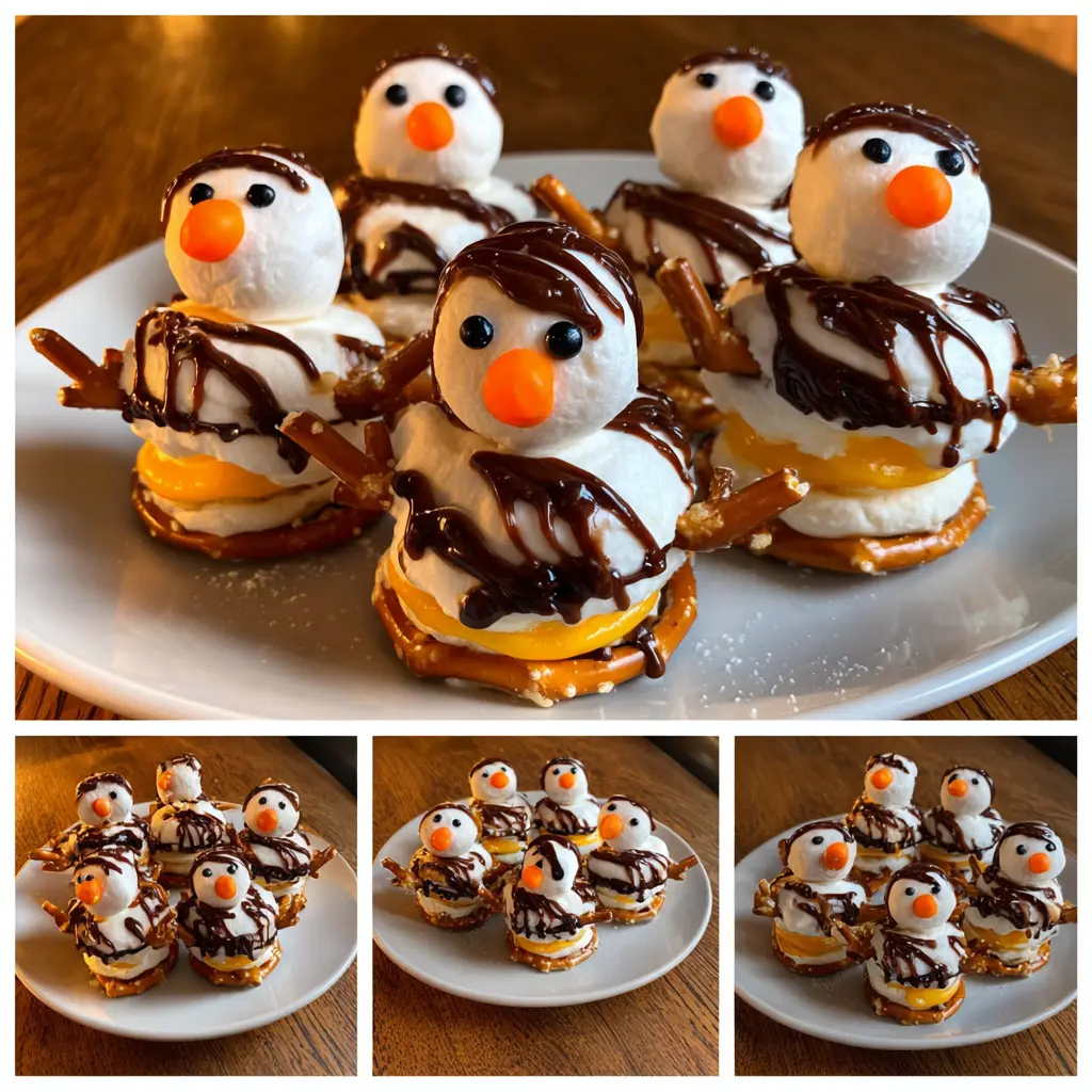 Six delightful edible snowmen crafted from a Christmas snowman marshmallow recipe, featuring pretzel arms and chocolate drizzle, presented on a white plate.