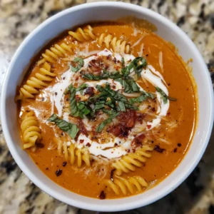 Creamy tomato fusilli soup garnished with fresh herbs, cream, and cheese, an inviting Christmas soup recipe.