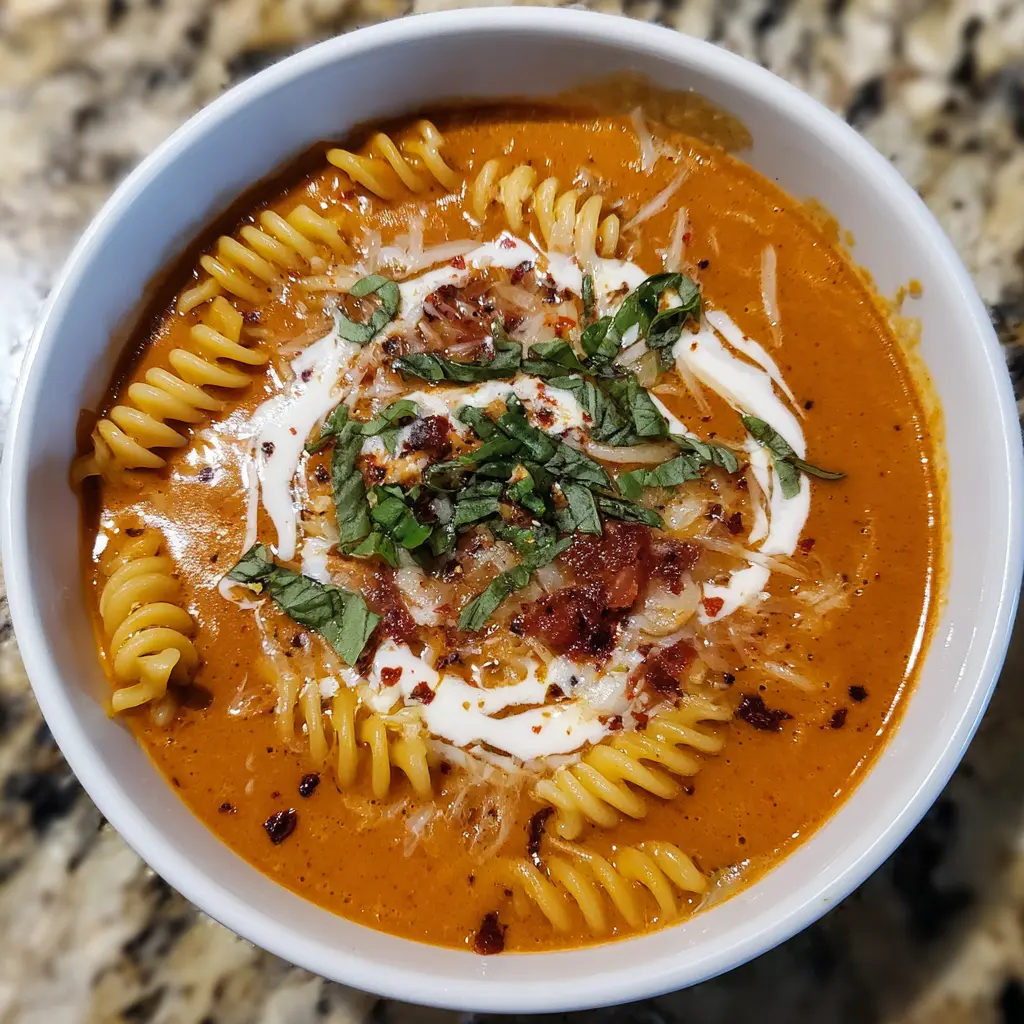Creamy tomato fusilli soup garnished with fresh herbs, cream, and cheese, an inviting Christmas soup recipe.