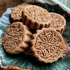 Intricately molded light brown Christmas springerle cookies with detailed patterns, served on a decorative teal plate.