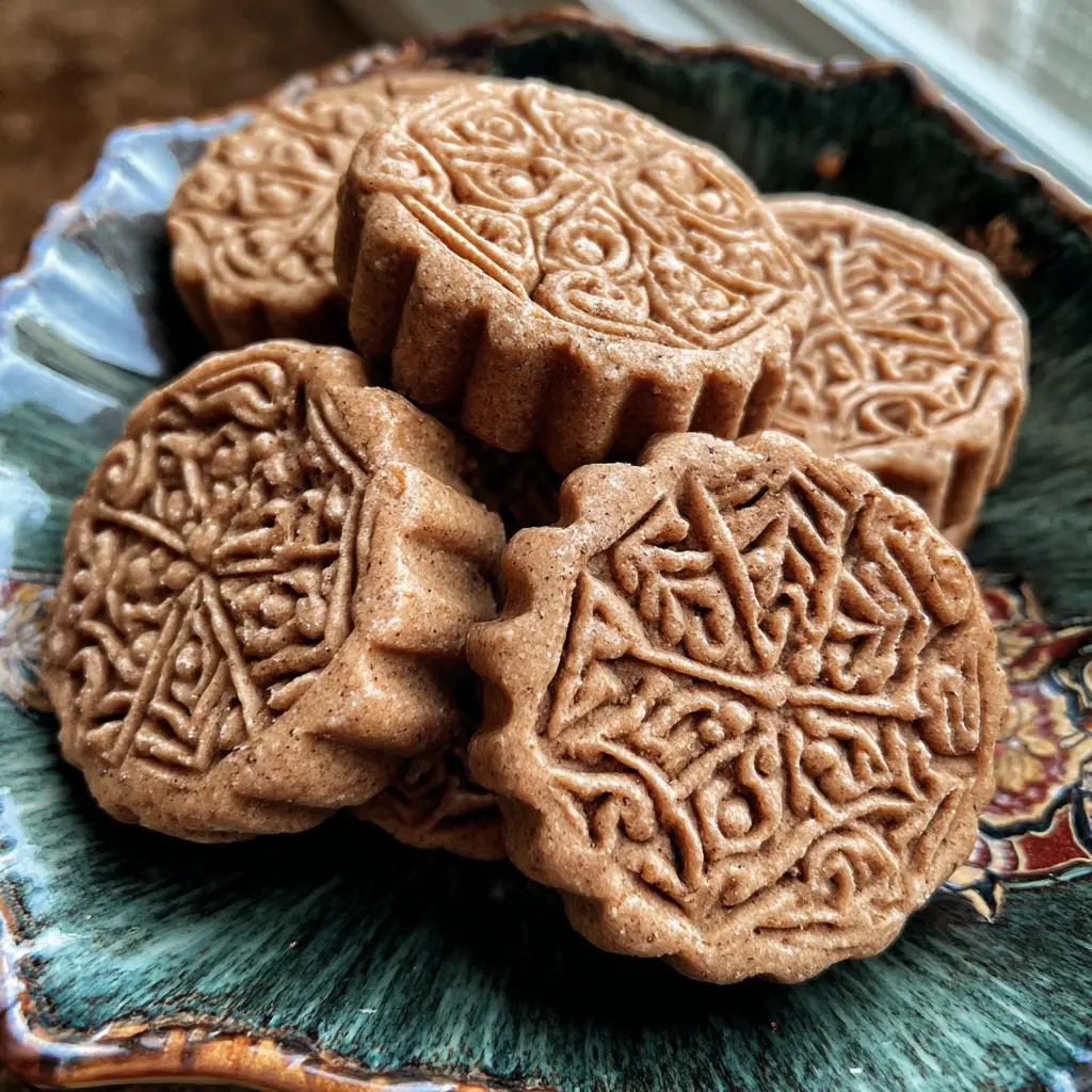 Intricately molded light brown Christmas springerle cookies with detailed patterns, served on a decorative teal plate.