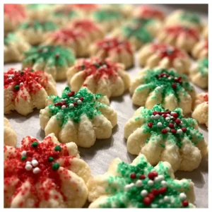 Close-up of vibrant, festive christmas spritz cookies, perfectly shaped and decorated with red and green sprinkles on parchment paper.