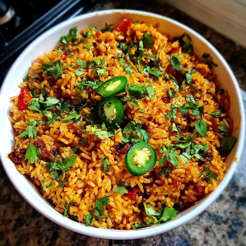 Vibrant seasoned Mexican rice, garnished with fresh cilantro and jalapeños, perfect for a Christmas Mexican dinner recipe.