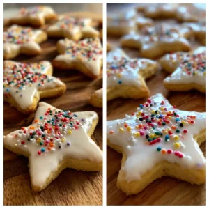 Delicious Christmas star cookies, iced white with colorful sprinkles, arranged on a wooden surface, highlighting this festive christmas star cookies recipe.