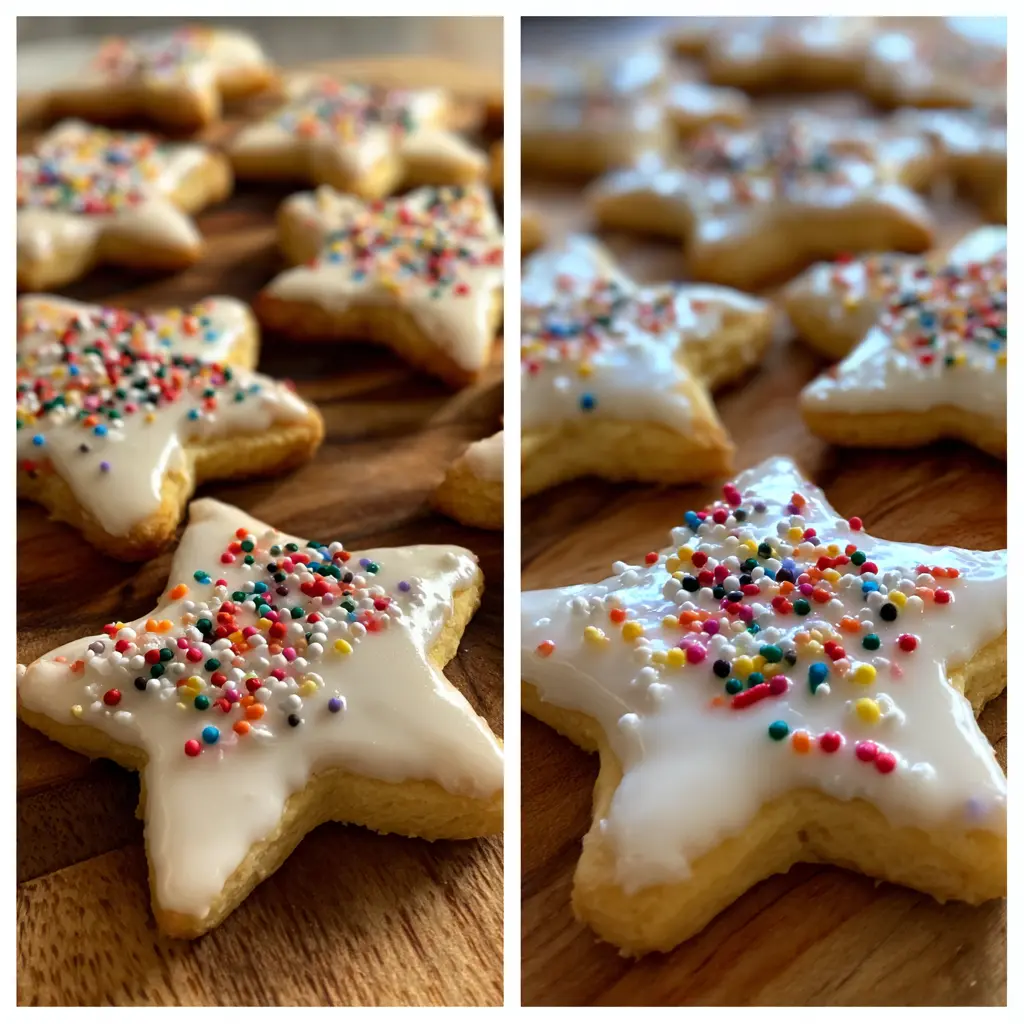 Delicious Christmas star cookies, iced white with colorful sprinkles, arranged on a wooden surface, highlighting this festive christmas star cookies recipe.