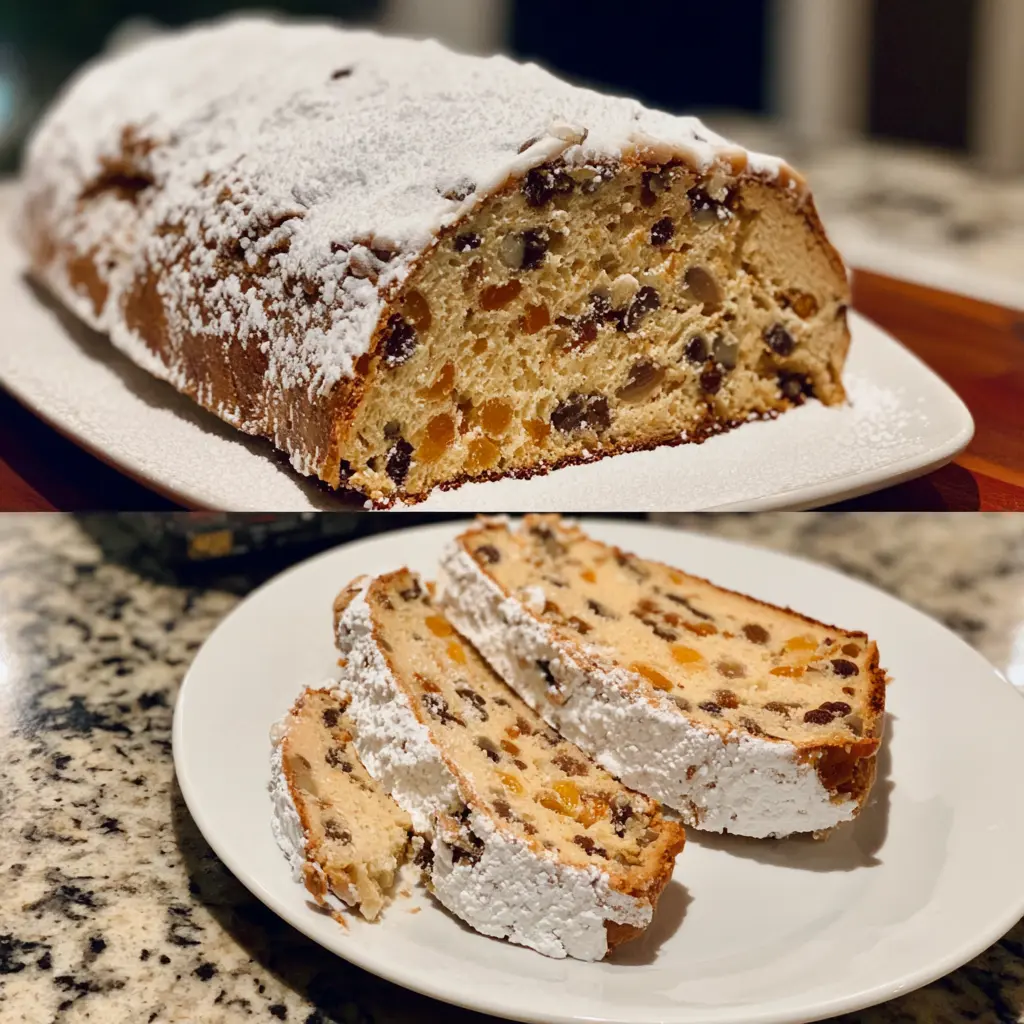 A beautifully presented Christmas stollen recipe, dusted with powdered sugar, showing a whole loaf and sliced portions revealing dried fruits and nuts.
