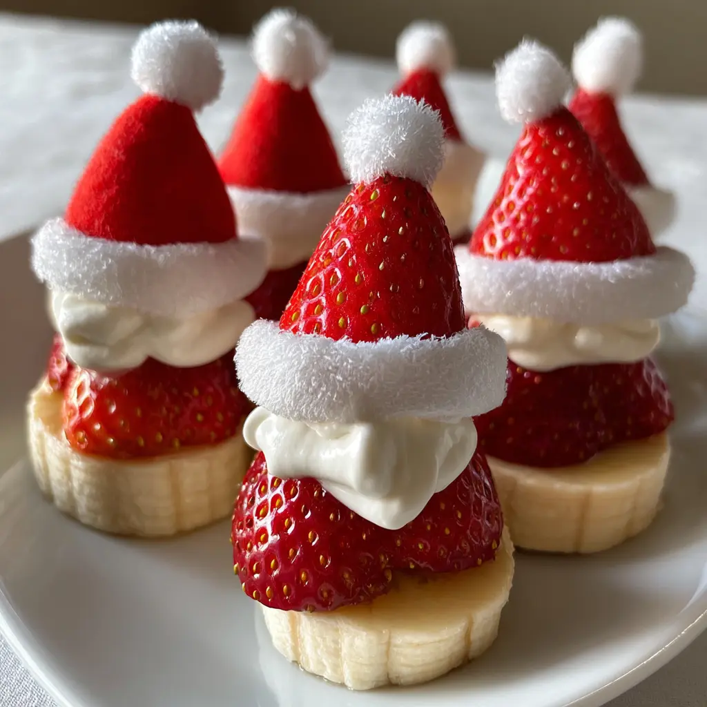 Festive Christmas strawberry Santa hats recipe treats made with fresh fruit and whipped cream on a white plate.