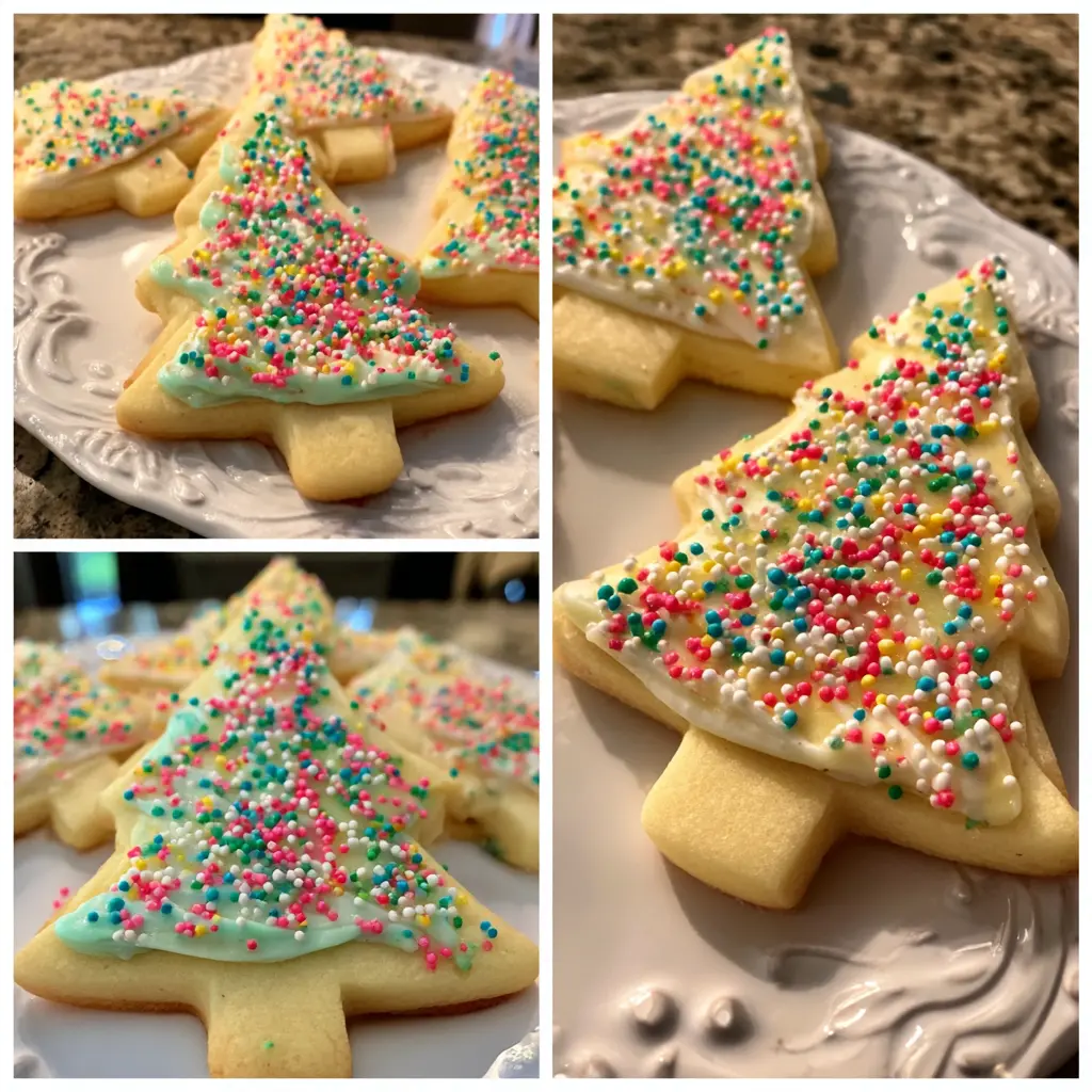 A festive collage of decorated Christmas tree sugar cookies with mint green and white icing, perfect for a homemade christmas sugar cookie christmas tree recipe.