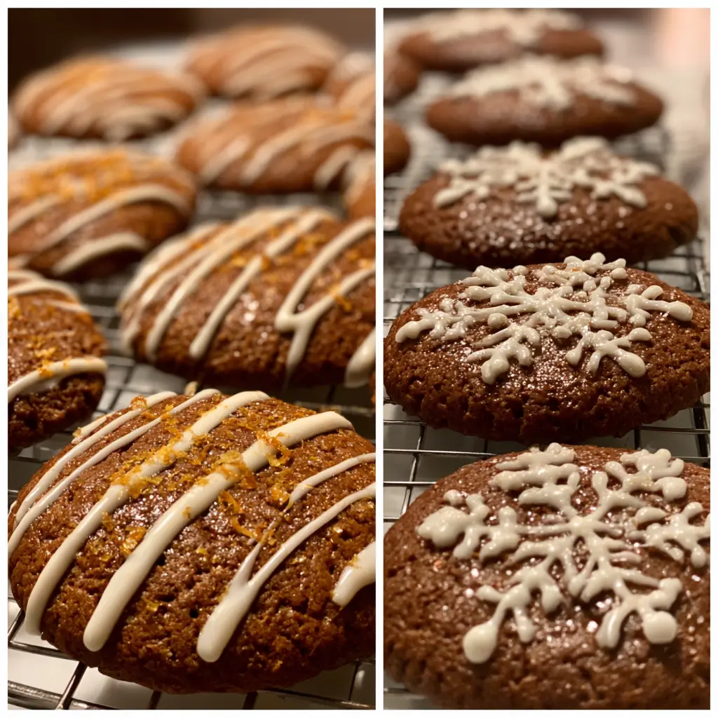 Freshly baked Christmas Swedish gingerbread cookies with white icing, some with orange zest, and others with intricate snowflake designs, cooling on wire racks.