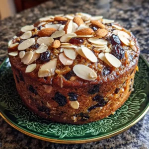 A beautifully adorned fruitcake, a delicious result of a christmas themed cake recipe, sits on an emerald green plate with a gold rim, topped with various nuts and dried fruits.