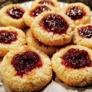 A close-up of festive christmas thumbprint cookies with vibrant jam fillings on a white plate, perfect for a homemade recipe.