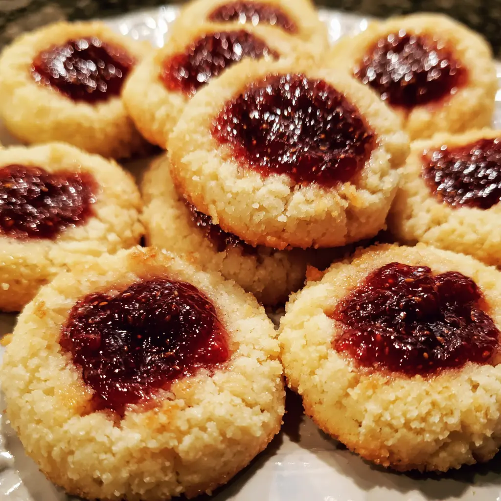 A close-up of festive christmas thumbprint cookies with vibrant jam fillings on a white plate, perfect for a homemade recipe.