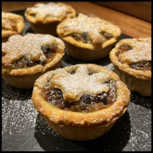 Close-up of golden, freshly baked Christmas mince pies dusted with powdered sugar, showcasing a delicious christmas mince pie recipe.