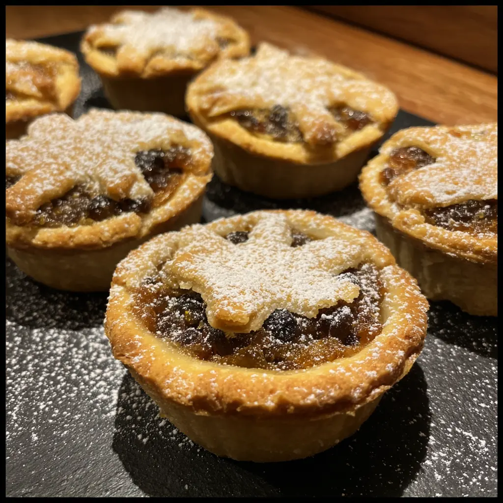 Close-up of golden, freshly baked Christmas mince pies dusted with powdered sugar, showcasing a delicious christmas mince pie recipe.