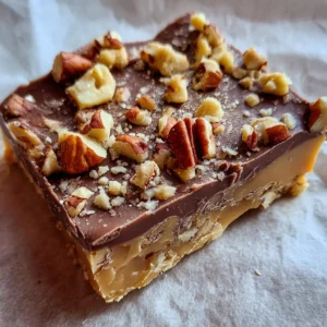 Better Than Anything Toffee Recipe 2 Close-up of a delectable multi-layered Christmas toffee recipe bar with dark chocolate, nuts, and a golden caramel layer on parchment paper.