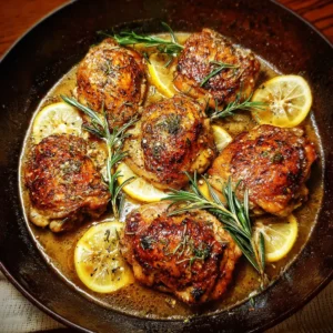 A high-angle close-up of golden-brown Keto Garlic Butter Chicken Thighs in a cast-iron skillet, garnished with fresh lemon slices and rosemary sprigs.