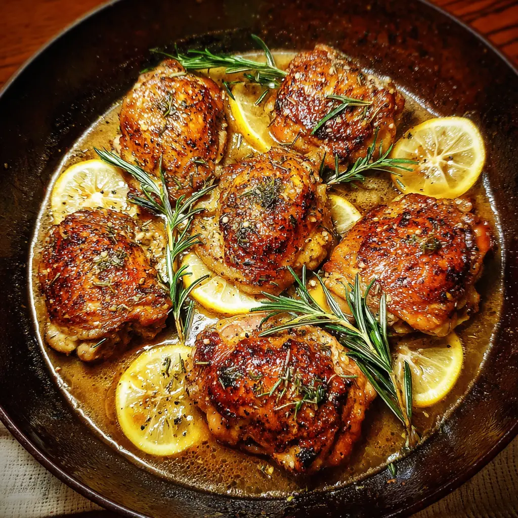 A high-angle close-up of golden-brown Keto Garlic Butter Chicken Thighs in a cast-iron skillet, garnished with fresh lemon slices and rosemary sprigs.