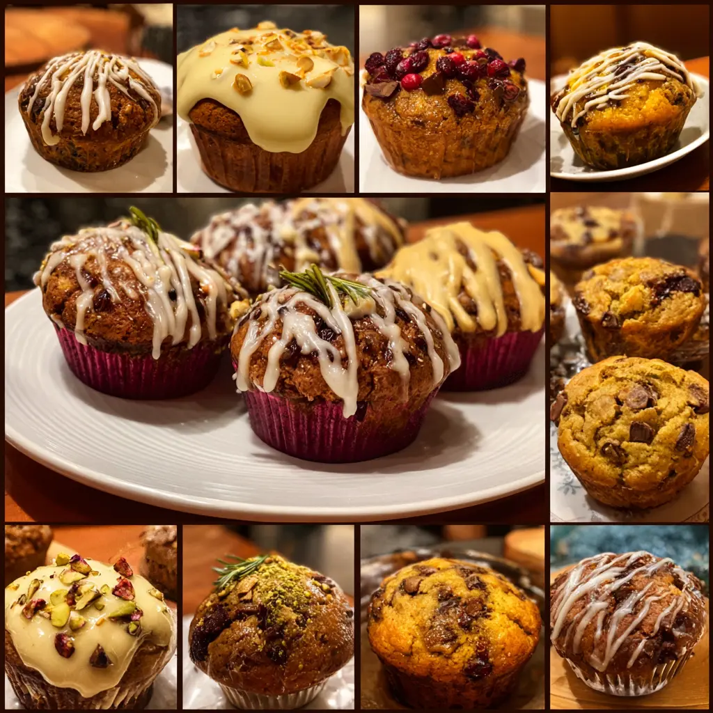 A vibrant collage of various festive muffins, some drizzled with icing, others topped with cranberries or nuts, perfect for a delicious Christmas muffins recipe.