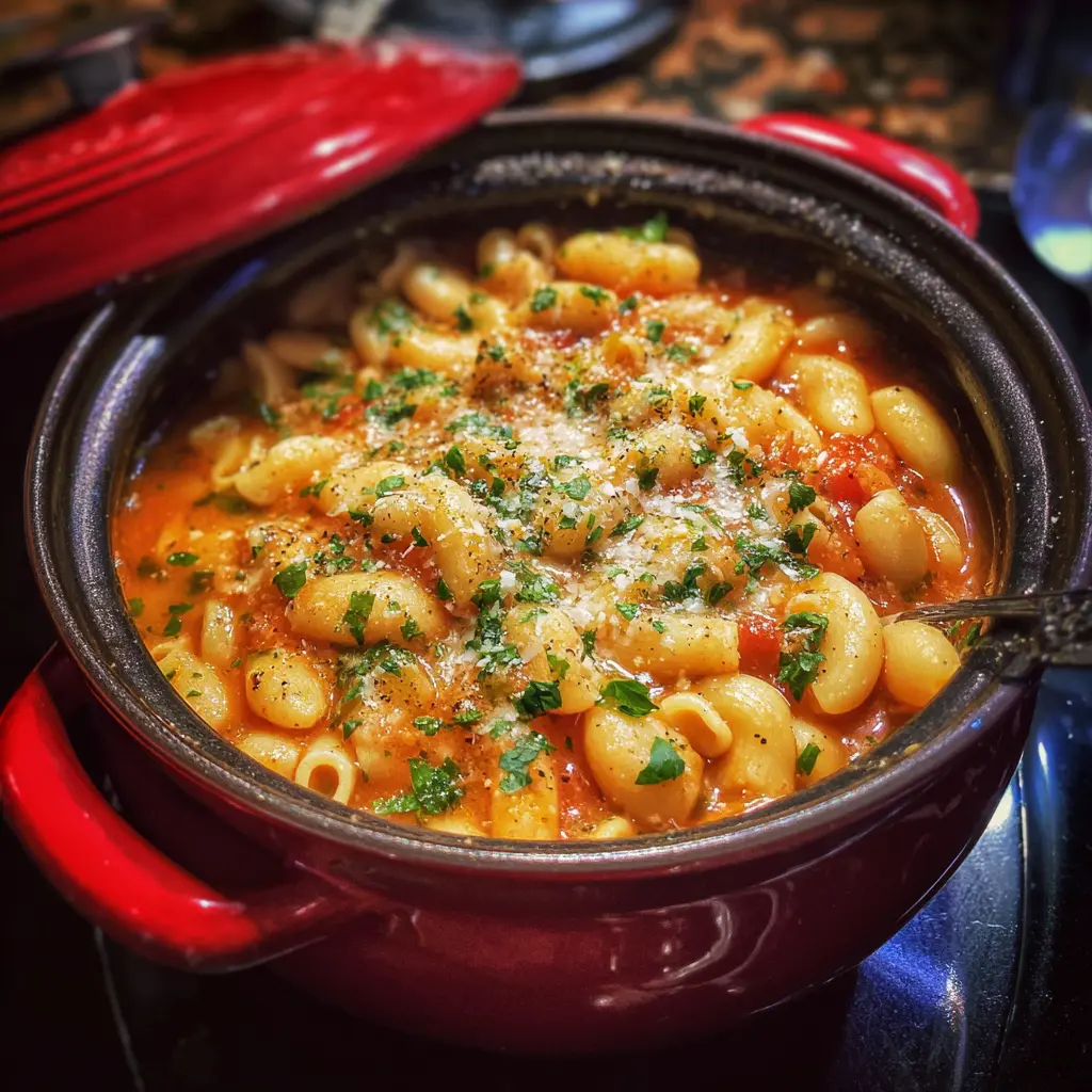 Close-up of creamy Christmas Lima Bean Macaroni Soup in a rustic red pot, garnished with cheese and fresh parsley.