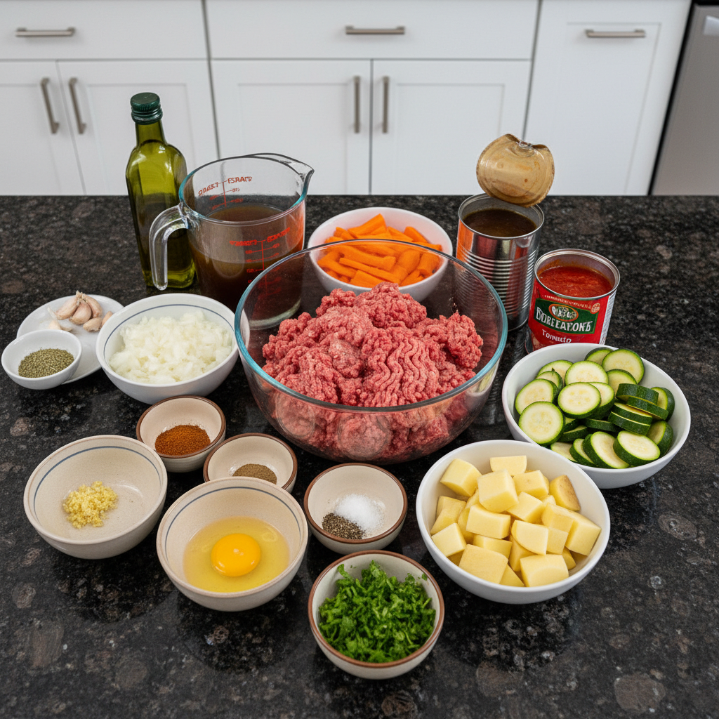 Fresh ingredients laid out for an albondigas soup recipe, including ground beef, rice, vegetables, and aromatic spices on a wooden board.