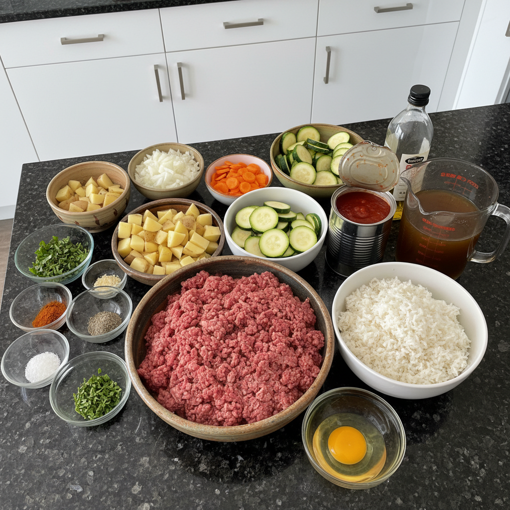 Fresh ingredients for an albondigas soup recipe, including ground beef, carrots, potatoes, and herbs, neatly arranged on a counter.