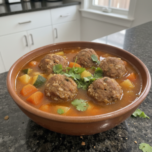 A hearty bowl of Mexican albondigas soup recipe with tender meatballs, colorful vegetables, and a rich broth, garnished with cilantro.