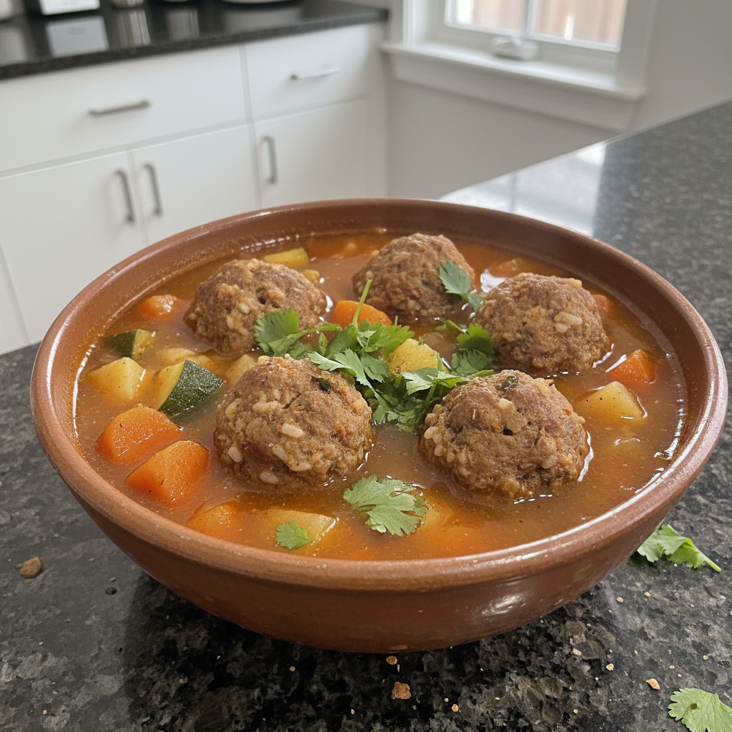 A hearty bowl of Mexican albondigas soup recipe with tender meatballs, colorful vegetables, and a rich broth, garnished with cilantro.