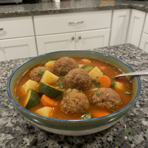 A hearty bowl of albondigas soup recipe with juicy meatballs, vegetables, and a rich broth, garnished with fresh cilantro.