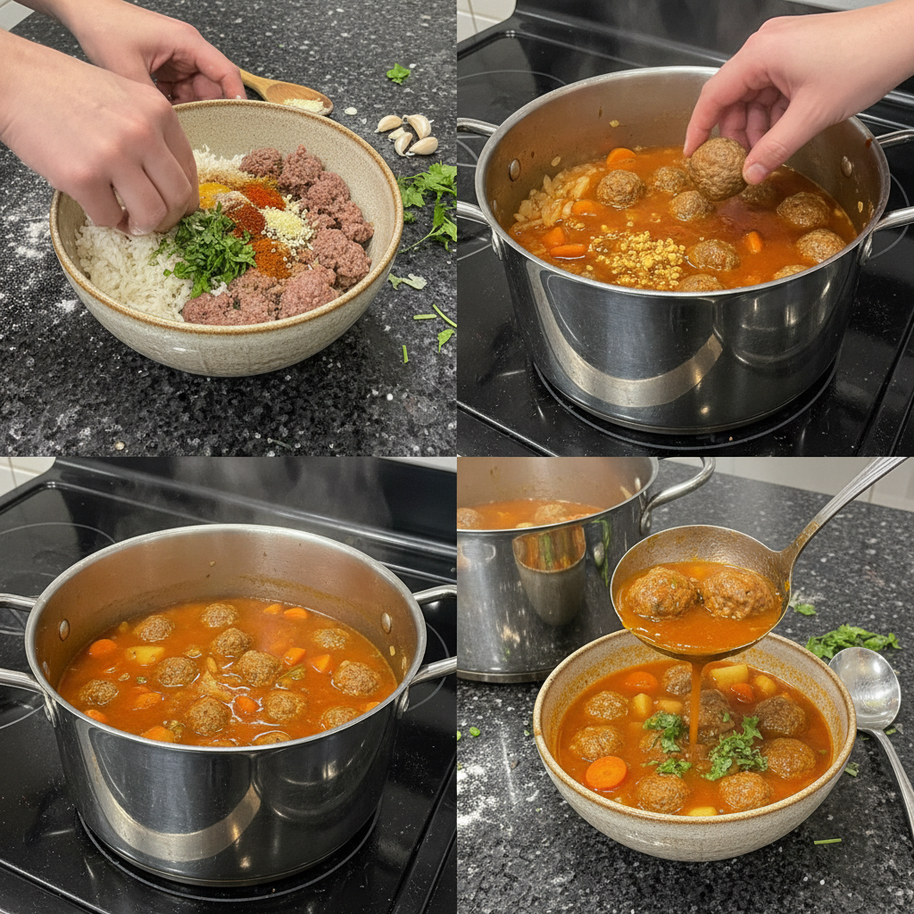 Hands gently forming small, perfectly round meatballs from ground beef and rice for an albondigas soup recipe on a cutting board.