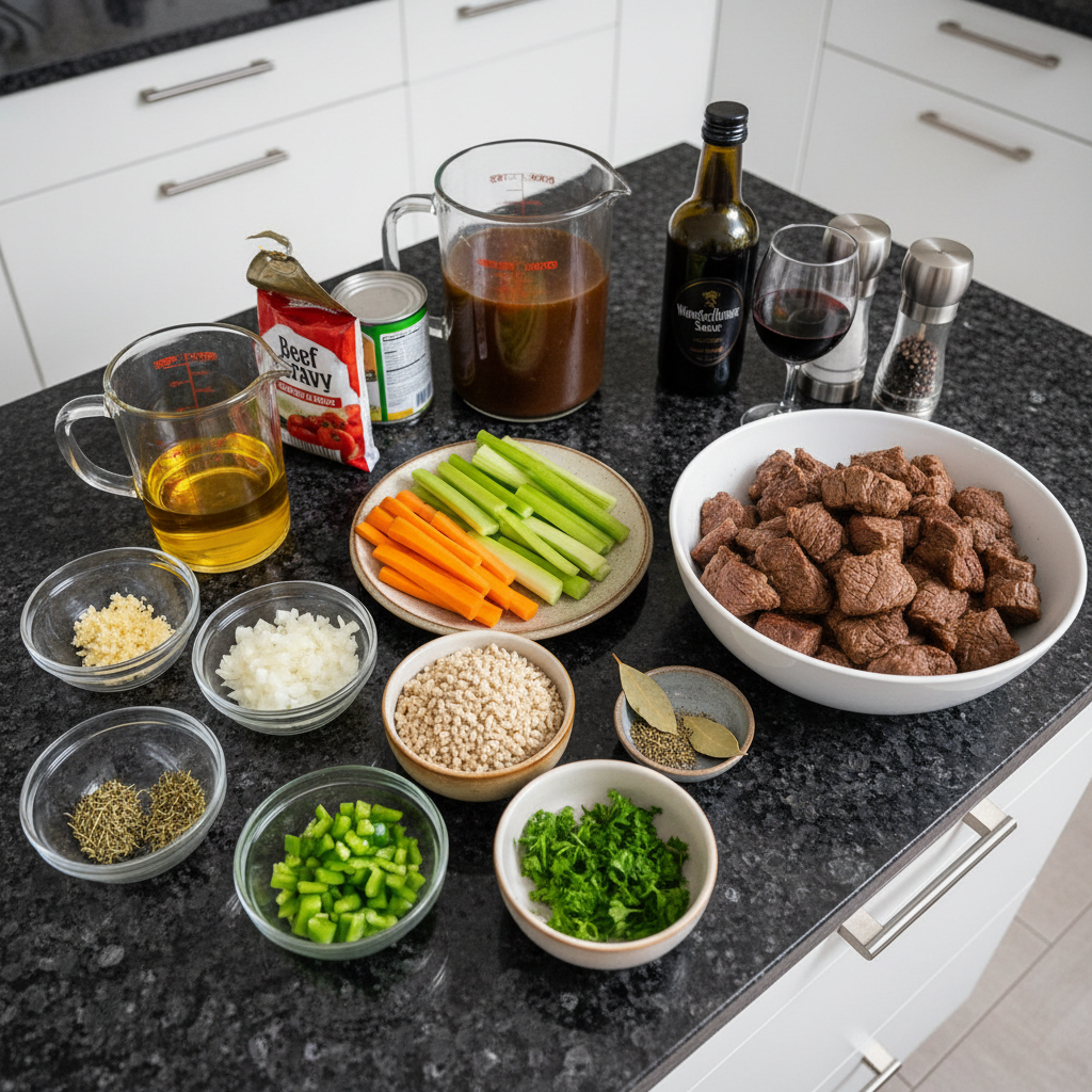 Fresh ingredients laid out for a beef barley soup recipe, including diced beef, vegetables, barley, and broth.