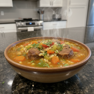 A hearty bowl of beef barley soup recipe, garnished with fresh parsley, steaming invitingly.