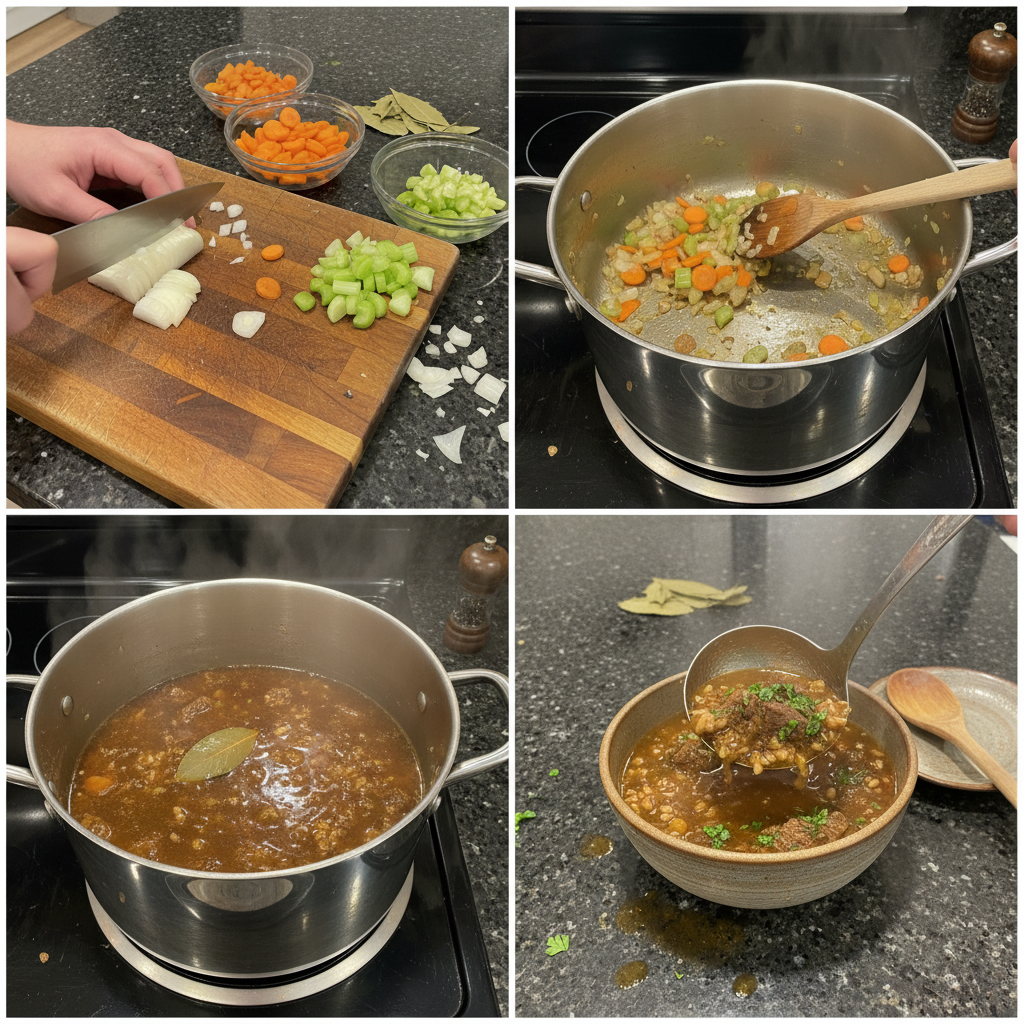 Diced vegetables and beef simmering in a pot, the first step in making a beef barley soup recipe.