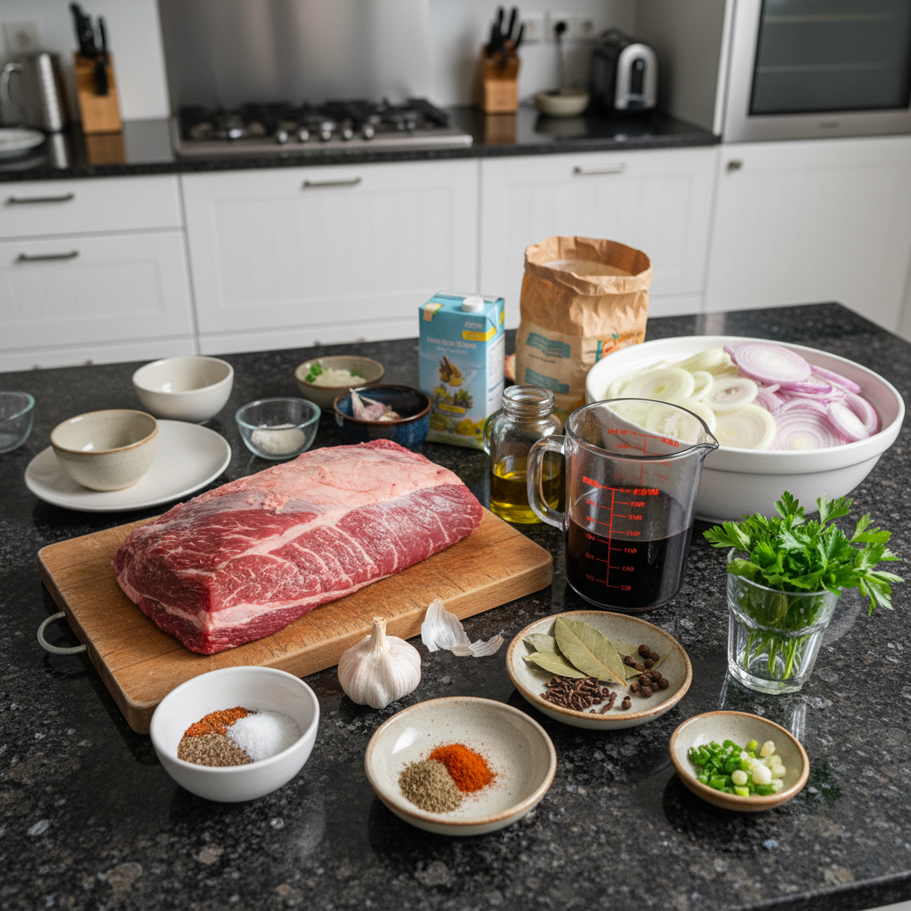 Various raw ingredients laid out, including a large cut of raw beef brisket, spices, and liquid.