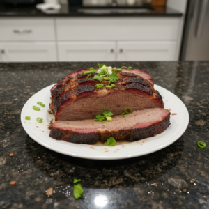 A beautifully smoked beef brisket, sliced to reveal its juicy pink smoke ring and dark bark.