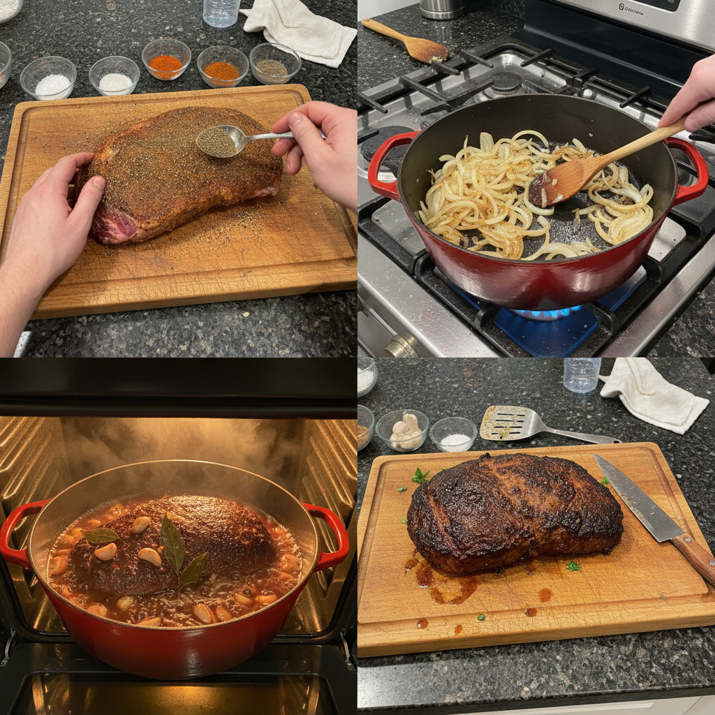Hands generously seasoning a raw beef brisket with a dry rub on a cutting board before cooking.