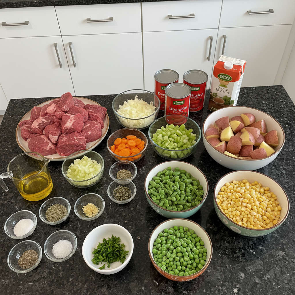 Fresh ingredients for a beef vegetable soup recipe laid out on a wooden board, including diced beef, carrots, celery, potatoes, onions, and various herbs.