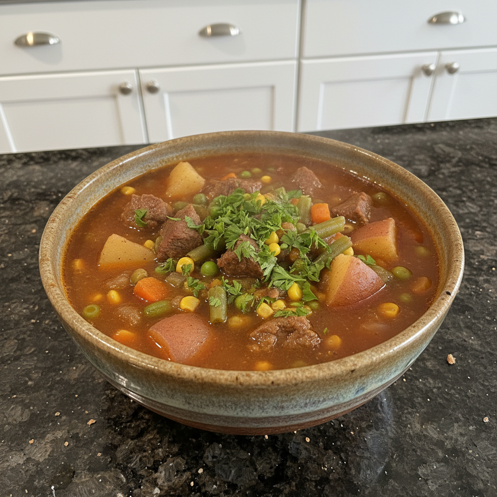 A hearty bowl of hot beef vegetable soup recipe, filled with tender chunks of beef, carrots, potatoes, and peas, garnished with fresh parsley.