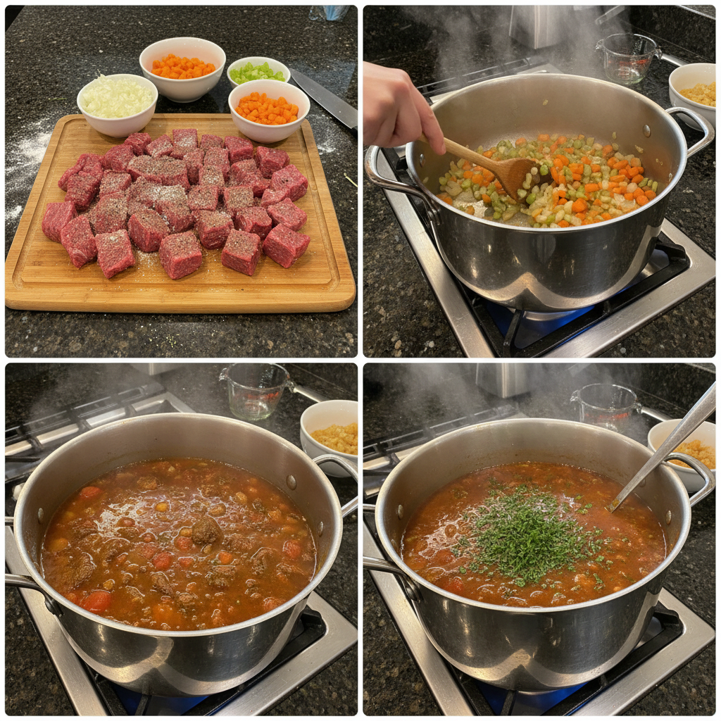 Diced beef browning in a large stockpot with chopped onions, an early step in preparing a flavorful beef vegetable soup recipe.