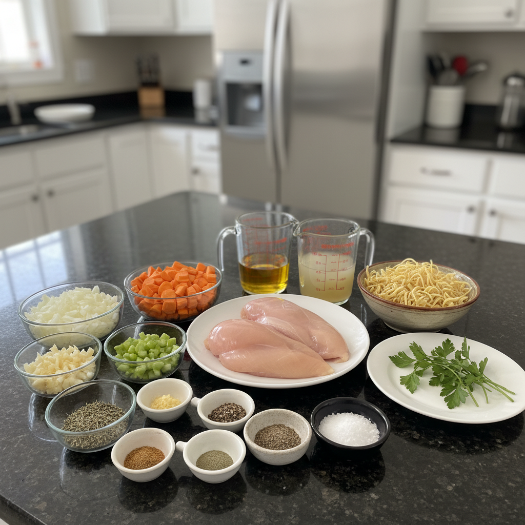 Fresh ingredients laid out for the best chicken noodle soup recipe, including chicken breast, egg noodles, carrots, and celery.