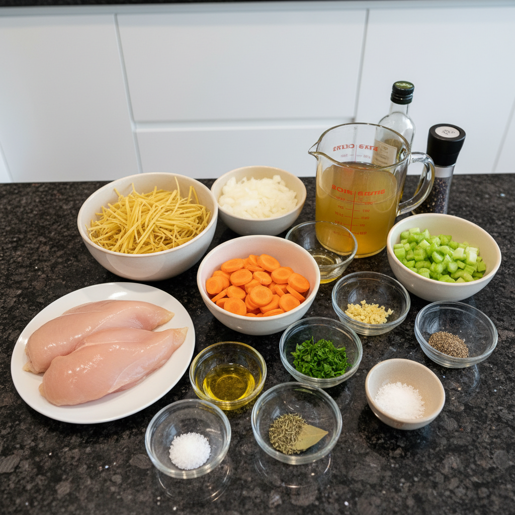 Fresh ingredients laid out for the best chicken noodle soup recipe, including chicken, vegetables, noodles, and herbs.
