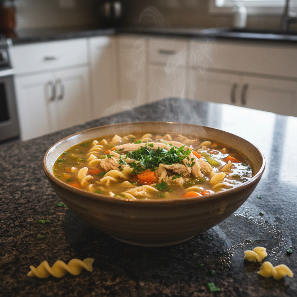 A steaming bowl of the best chicken noodle soup recipe with hearty noodles, tender chicken, and fresh vegetables.