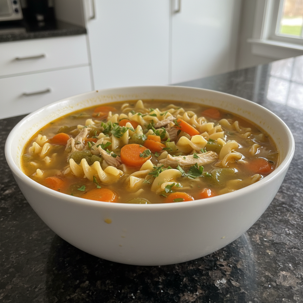 A steaming bowl of the best chicken noodle soup recipe, garnished with fresh parsley and ready to enjoy.