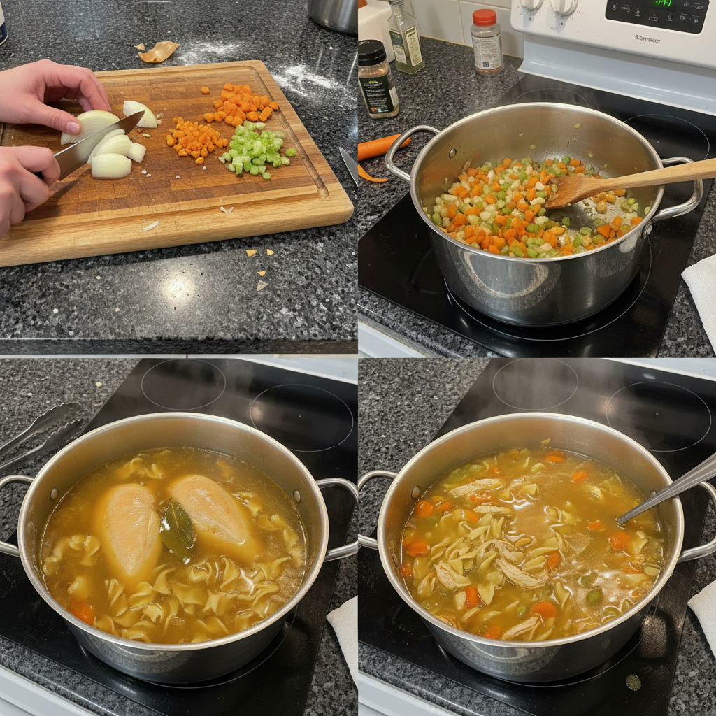 Hands stirring vegetables in a pot during the preparation of the best chicken noodle soup recipe, showing an early step.
