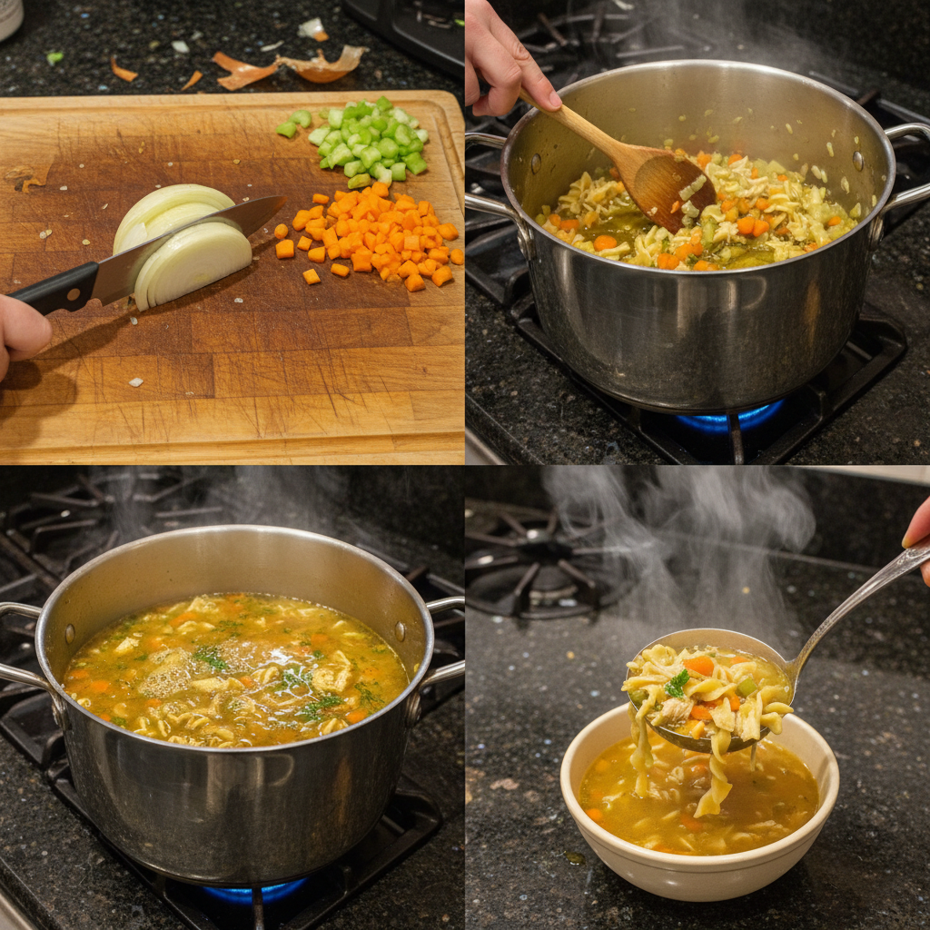 Chicken, vegetables, and broth simmering gently in a pot, a key step for the best chicken noodle soup recipe.