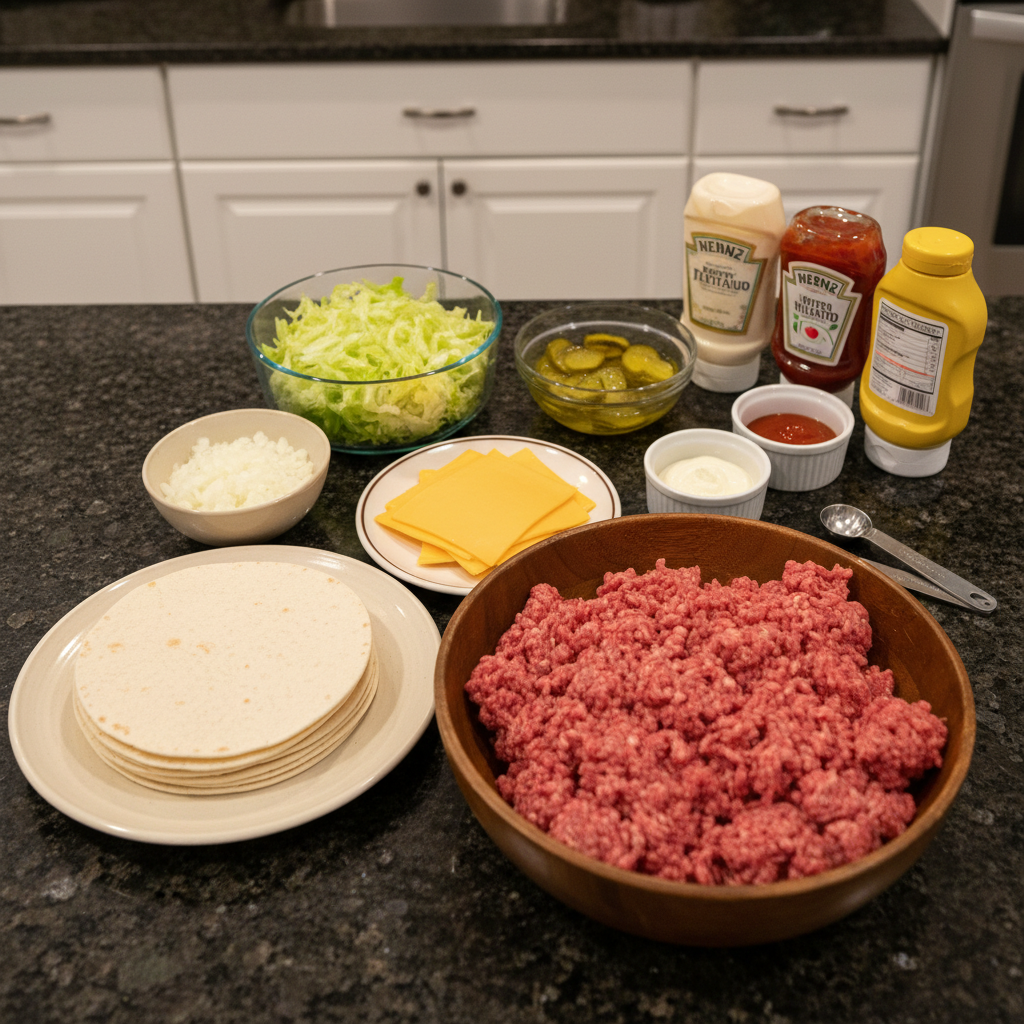 Fresh ingredients for Big Mac Smash Tacos, including ground beef, tortillas, cheese, lettuce, pickles, and special sauce in bowls.