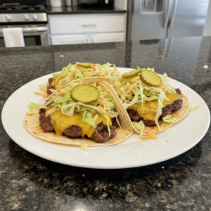 A stack of mouth-watering Big Mac Smash Tacos with special sauce, shredded lettuce, and pickles, ready to eat.